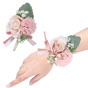 Wedding Accessories Wrist Corsage Boutonniere Pink Rose artificial flowers Set flowers artificial