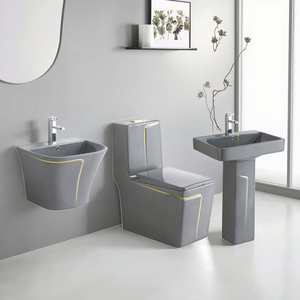 Ensemble de sanitaires gris avec ligne dorée, WC, <span class=keywords><strong>lavabo</strong></span>, ensemble de toilettes en céramique monobloc avec <span class=keywords><strong>lavabo</strong></span> mural - Product Image 1