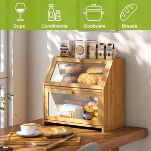 Doppio strato cucina controsoffitto in legno di bambù scatola di pane con porta <span class=keywords><strong>trasparente</strong></span>, fattoria pane contenitore con tagliere - Product Image 5