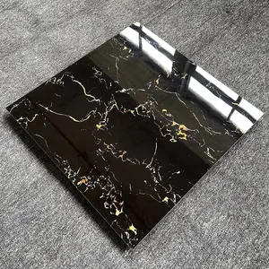 最新デザインセラミック60x60光沢のある黒い大理石の床のタイル黒と金のタイル
