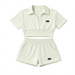 Women's 2 Piece Knitted Activewear Set Polo Crop Top High Waist Shorts Breathable Summer Casual Wear - Product Image 1