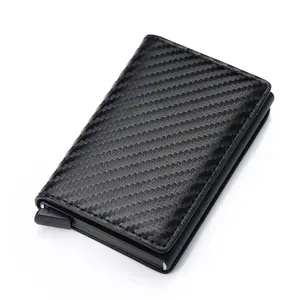 RFID Blocking Aluminum Credit Cards Holder Pouch Box With Black Carbon Fiber PU Leather Wallet For Christmas Business Gifts