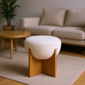 Otomana Tapizada en Tela Bouclé Blanca Marfil, con Base de Madera Natural, Estilo Moderno para Sala de Estar - Product Image 2