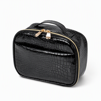 Trousse de Maquillage 2-en-1 Effet Croco avec Porte-Pinceaux et Pochette Amovible, Organisateur de Coiffeuse Étanche, Ferrures Noires et Dorées