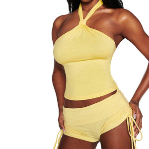 Ensemble 2 pièces pour femmes, haut sans manches à bretelles et short à taille basse avec cordon de serrage, style Y2K, couleur unie, tricot extensible, vêtements de sport - Product Image 1