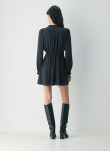 Ladies' Deep Blue Chiffon Pleated <b>Long</b> Sleeve Mi-di Casual Elegant Dress with Customized <b>Skirt</b> - Product Image 5