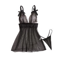 Robe de nuit sexy transfrontalière européenne et américaine en polyester noir à pois, avec empiècements en dentelle et maille, transparente, avec bretelles et string