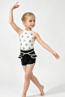 Kostum Tari Jazz Polka Dot Emas Anak-anak Tanpa Lengan Halter Payet Leotard Atasan Hitam Celana Pendek Ruffle Pertunjukan Kompetisi Anak Perempuan