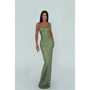 Robe de soirée de luxe verte à sequins, col montant, manches courtes, fleurs en perles, pour femme, élégante, longue, à bretelles - Product Image 3