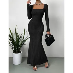 Mermaid Women Clothes Lady Customized Bodycon Dresses Square Neck Long Sleeve Maxi Ribbed Slim Fit Dress