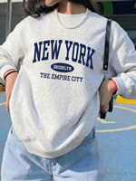 Sweat-shirt à col rond pour femme, gris chiné, imprimé New York, manches longues, poignets côtelés, décontracté, usage quotidien, vente en gros, GSM non spécifié