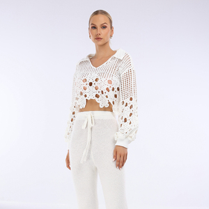 Wholesale Custom Summer <strong>Woolen</strong> Knitted Anti-Pilling Sexy Fashionable V-neck Short Style Long Sleeved Women's Casual <strong>Top</strong> - Product Image 5
