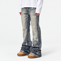 DiZNEW Jeans évasés personnalisés pour hommes, style streetwear, délavés, jaunes, déchirés, coupe slim, denim vintage