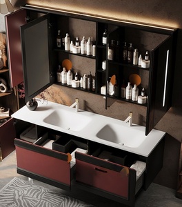 Original French retro rock slab integrated basin <b>oak</b> high-end wall mounted bathroom cabinet - Product Image 6