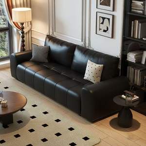 Black Leather <b>Sofa</b> Straight Shape Tufted Design For Living Room Home Use - Product Image 1