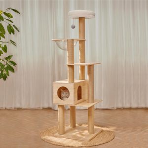 Árbol para Gatos de Madera Maciza de Venta Caliente, Torre para Gatos con Cama Superior, Poste Rascador, Plataforma Multicapa, Árbol Alto para Gatos con Postes Rascadores de Sisal - Product Image 1