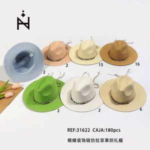 Cappello di Paglia Decorato con Catena a Forma di Occhio, Finto Rafia, per l'Estate e la Spiaggia - Product Image 3