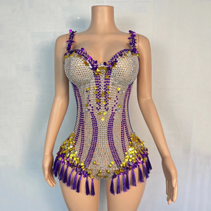 Combinaison de scène Novance sexy avec strass, paillettes et franges, pour chanteuse, danseuse, grande taille, fête, une pièce - Product Image 1