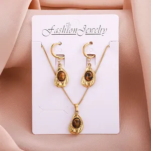 New Fashion Girl Gift Natural Tiger Eye Stone Pendant Stainless Steel Plated 18K Necklace Earrings Jewelry Sets For Women