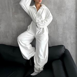 Ensemble de sweat-shirt à capuche décontracté pour femme, manches longues, coupe ample, style streetwear sportif en tissu tricoté uni pour l'automne - Product Image 1