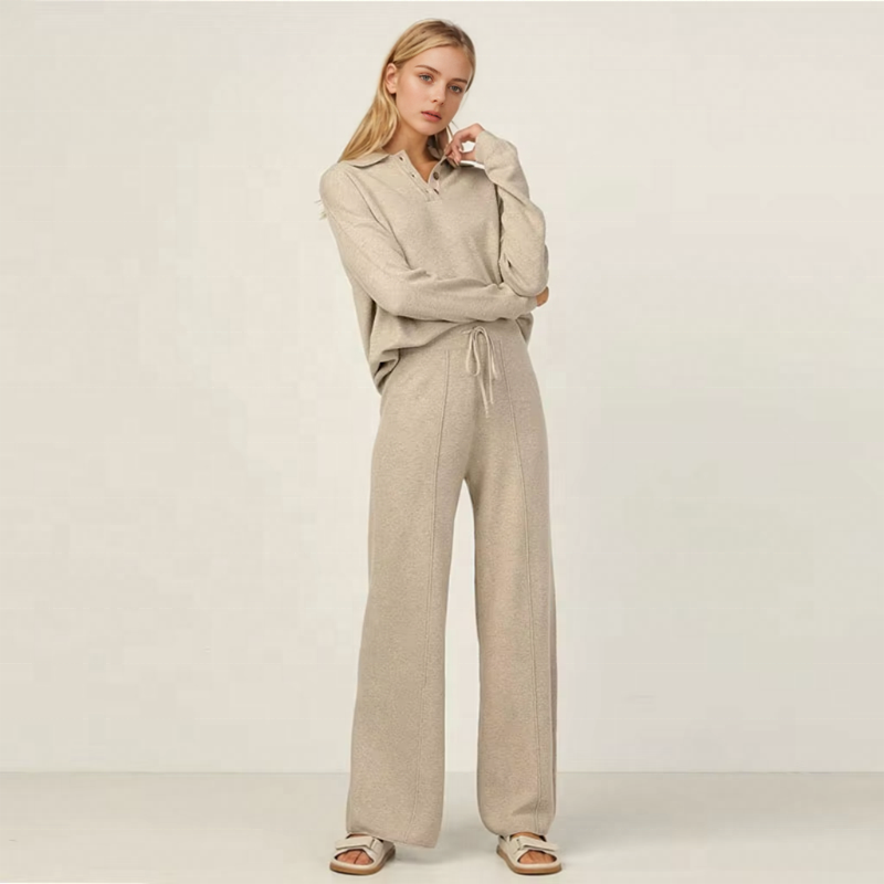 Plus Size Women's Sets Long Sleeves Polo Knitted Top And Wide Leg Pants Pants Two Piece Lounge Sweater Set
