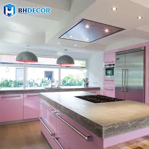 Lemari dapur akrilik Mdf mewah kustom Eropa kayu Solid Italia Kontemporer Galley merah muda desain Modern Set lemari dapur