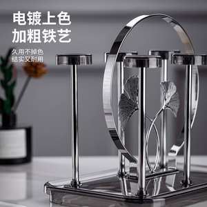 Portavasos de lujo de 6 tazas, diseño de abanico de hierro forjado plateado, estante de drenaje para sala de estar y comedor, soporte decorativo de almacenamiento - Product Image 1