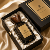 Flacon de parfum de luxe en verre de 100 ml avec bouchon en bois, étiquette métallique personnalisée et emballage cadeau haut de gamme