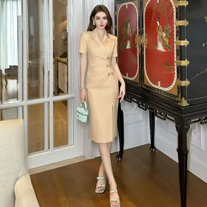 ZYHT 508302024最新の上品な半袖エレガントな公式ワークブレザーオフィス女性用ドレス