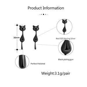 고급 보석 사용자 정의 디자인 925 스털링 실버 골드 도금 블랙 고양이 스터드 귀걸이