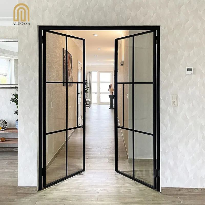 Top design beautiful grids arch fluted wrought steel door with fluted glass for interior living room