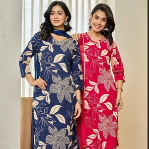 Bollywood belle tunique en coton ethnique Kurta ensemble pour femmes indiennes taille naturelle Kurti avec Dupatta et pantalon - Product Image 1