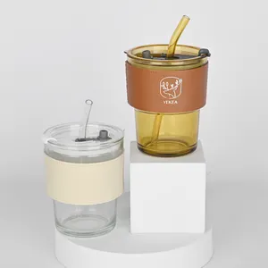 290 पीसी कस्टम लोगो ग्लास यात्रा कॉफी कप मग कवर के साथ कवर और पुआल गर्मी प्रतिरोधी चाय पानी की बोतल