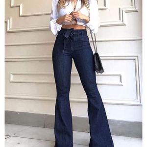 도매 새로운 여성 데님 높은 허리 청바지 부츠 컷 바지 와이드 다리 바지 청바지 벨트 여성 의류 - Product Image 2