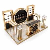Ensemble de présentoirs de parfums haut de gamme, panneau noir mat, finition dorée, éclairage LED annulaire, solution de présentation de parfums pour la vente au détail