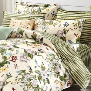 Reversible Duvet Cover Set Durable Floral 100% Cotton <strong>Green</strong> and Beige <strong>Striped</strong> Shabby Flower <strong>Bedding</strong> Soft with Zipper - Product Image 2