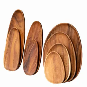 Wood Hand-made Acacia Dinner Plates Fruits Dishes Snacks Dessert Serving Tray Tableware