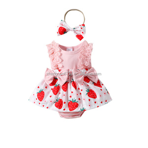 Tute estive personalizzabili per bambini <span class=keywords><strong>body</strong></span> <span class=keywords><strong>senza</strong></span> <span class=keywords><strong>maniche</strong></span> con fiocco stampato alla fragola per bambini - Product Image 1