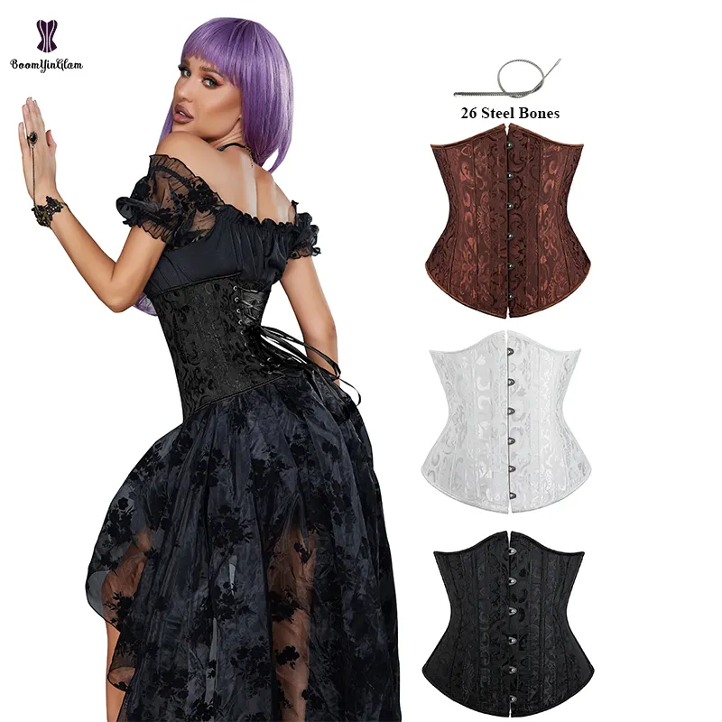 Brown Jacquard Lace Waist Shaper Plus Size Chest Binder Bustier 26 Stainless Steel Boned Corset Top Women With 6 Busks