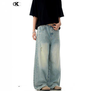 <span class=keywords><strong>YOFA</strong></span> Herren Maßgeschneiderte Hochwertige Amerikanische Vintage Gebleichte Distressed Baggy Weite Jeans Gewaschene Denim Streetwear Hosen OEM ODM - Product Image 2