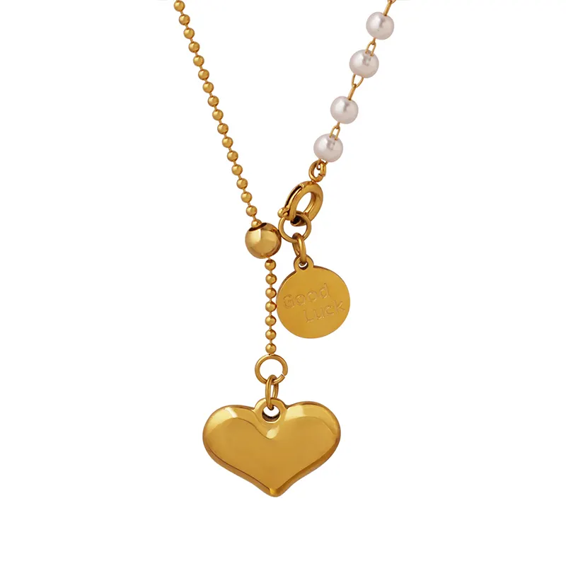 Lovely heart pendant necklace imitation pearl tassel adjustable necklace