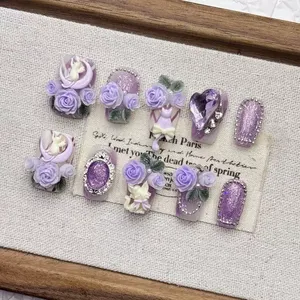 <span class=keywords><strong>Uñas</strong></span> Postizas al por Mayor, Hechas a Mano, con Diseño de Ojo de Gato Morado, Forma Corta, Acrílicas, con Detalles de Gatito - Product Image 1