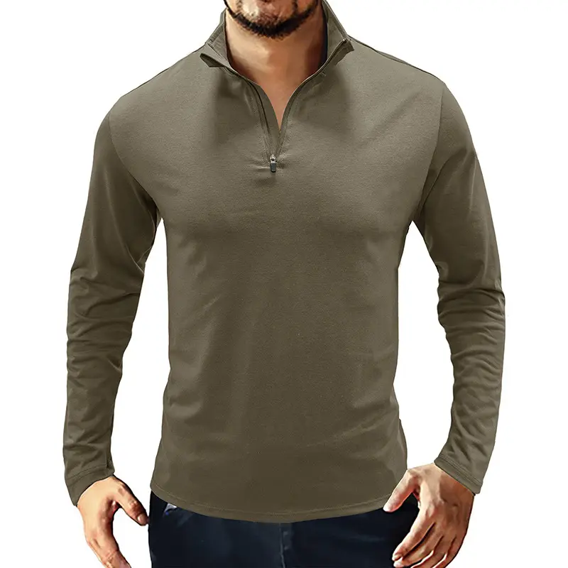 2022 autumn and winter men's solid color long-sleeved stand-up collar zipper shirt men's long-sleeved T-shirt wholesale