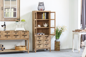 Rustic Farmhouse Accent Cabinet Furniture Recycled <b>Pine</b> Wood <b>Cupboard</b> Bookcase Cabinet with Glass Door and 6 Drawers - Product Image 3