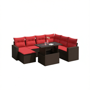 Set di divani da giardino in polyrattan marrone con cuscini, mobili da esterno in 8 pezzi - Product Image 1