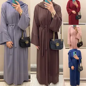 Dubai Thổ Nhĩ Kỳ Kaftan Ramadan Mở Abaya Linen Cotton Hồi Giáo Phụ Nữ Quần Áo Cộng Với Kích Thước Mở Phía Trước Abaya Hồi Giáo Ăn Mặc