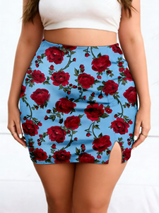 Jupe crayon mini moulante taille haute pour femme grande taille, bleu uni à imprimé floral rouge, avec fente latérale et fronces, idéale pour les soirées et sorties en ville - Product Image 1