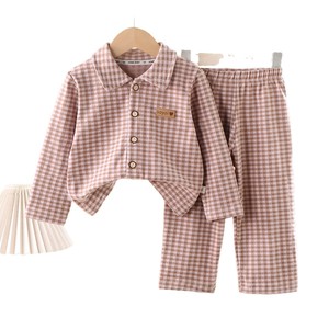 Vêtements de maison pour enfants, nouvelle collection automne/hiver, pyjamas à carreaux à col rabattu pour garçons et filles, ensemble cardigan en polaire chaud - Product Image 5