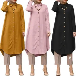 Hot Sale Middle East Women's Wear New Muslim Collar Casual Button Long Sleeve Shirt Women's Dress Factory Wholesale