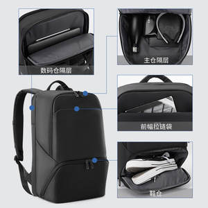 Laptop <b>Backpack</b> Men Business Travel Multi Functional <b>With</b> Shoe <b>Compartment</b> Black Solid Color Shoulder Straps Interior Zipper - Product Image 1